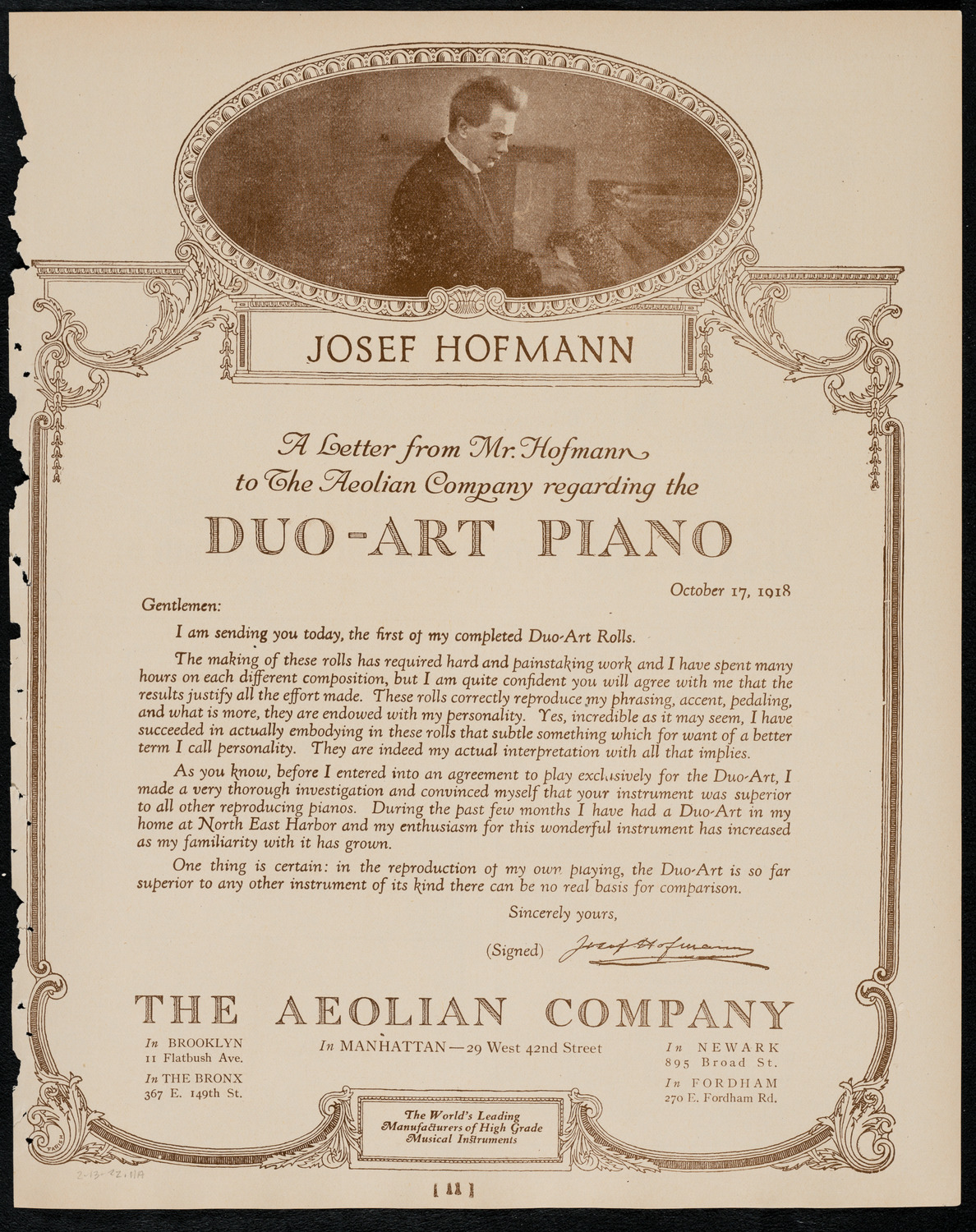 Jascha Heifetz, Violin, February 13, 1922, program page 11