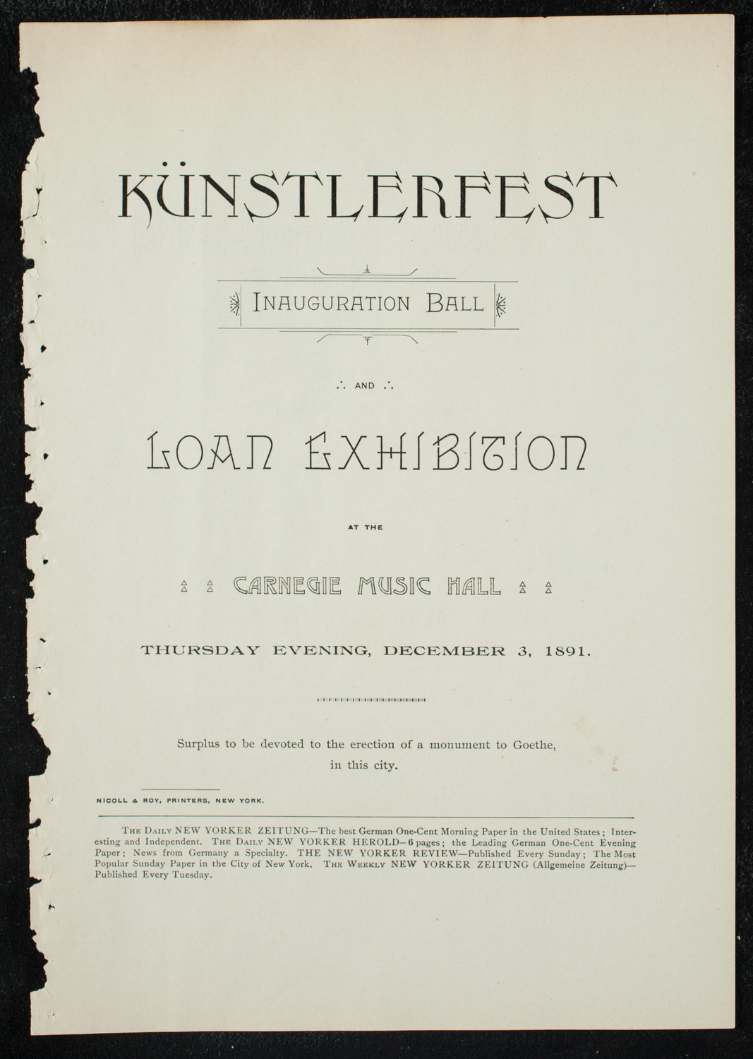 Künstlerfest, December 3, 1891, program page 3