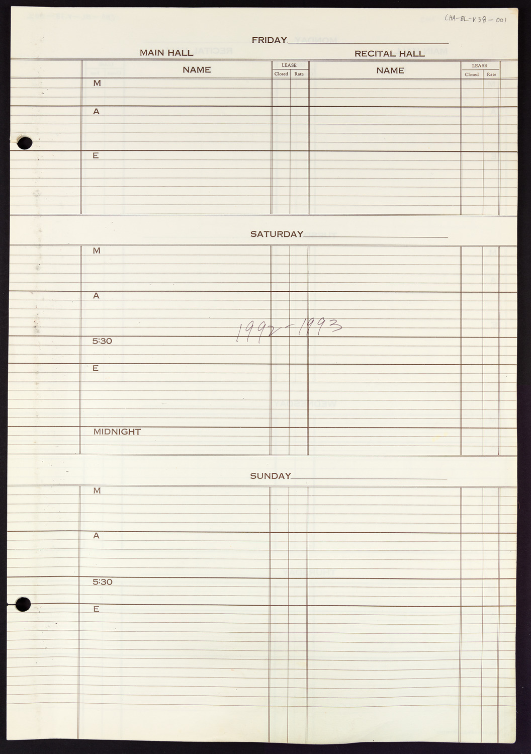 Carnegie Hall Booking Ledger, volume 38, page 1