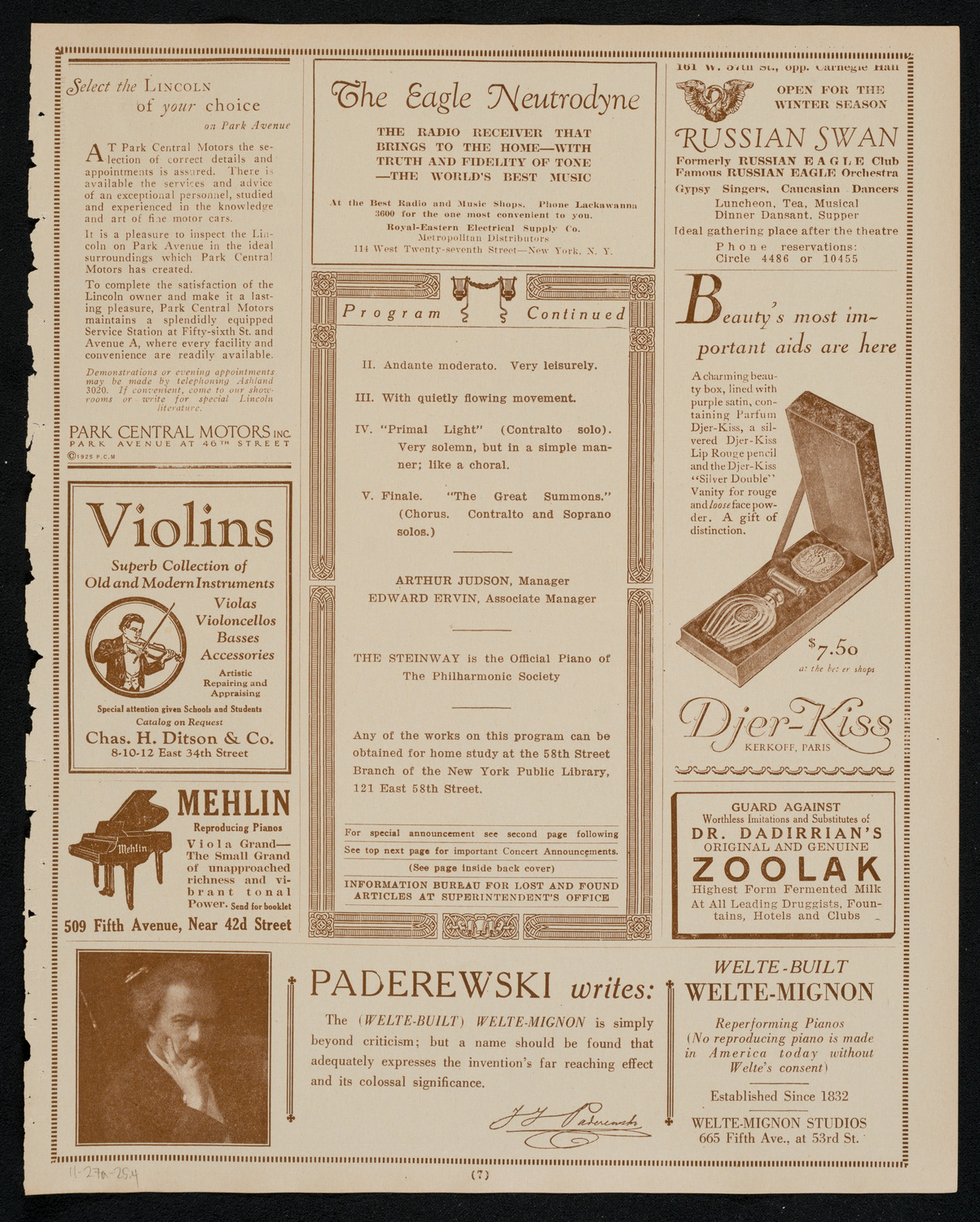 New York Philharmonic, November 27, 1925, program page 7