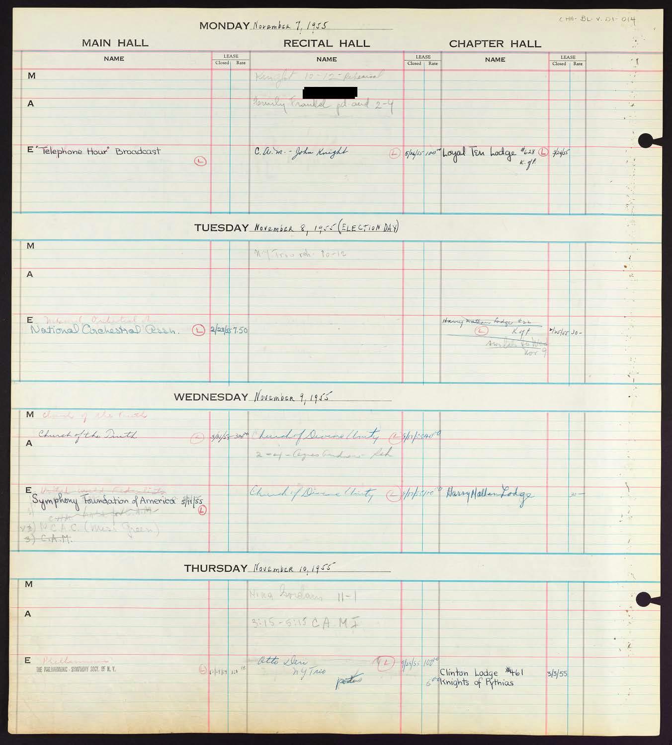 Carnegie Hall Booking Ledger, volume 1, page 14