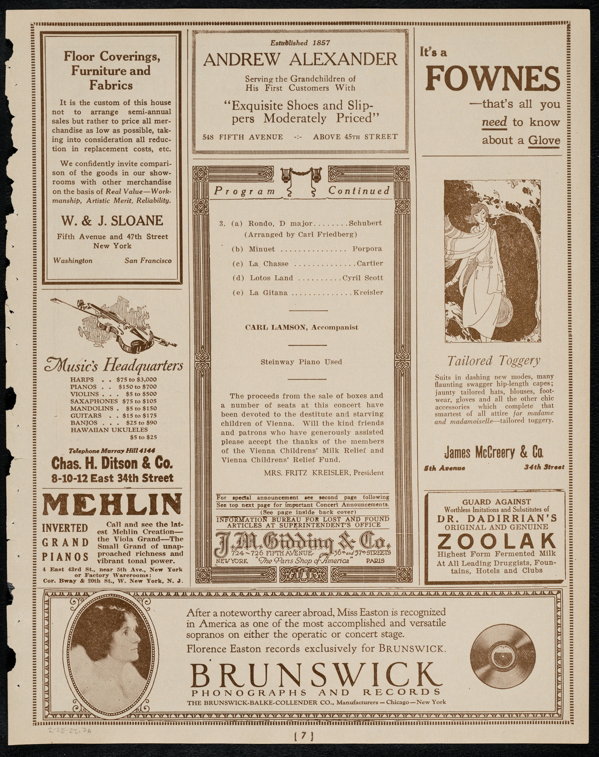 Fritz Kreisler, Violin, February 25, 1922, program page 7