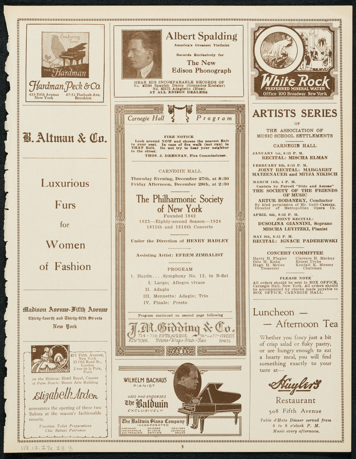 New York Philharmonic, December 27, 1923, program page 5