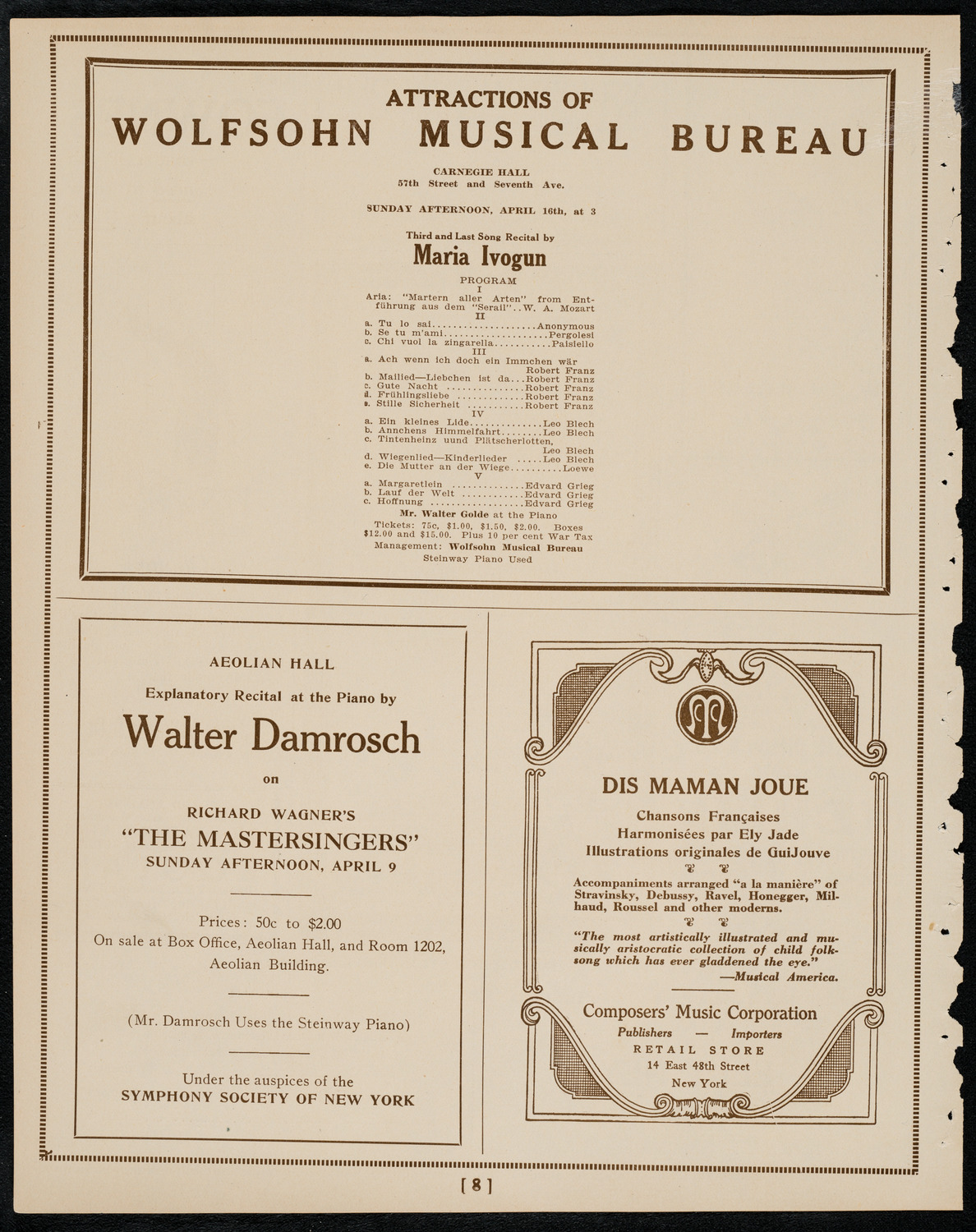 Claire Dux, Soprano, April 8, 1922, program page 8