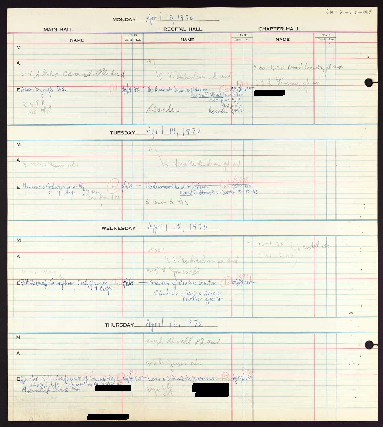 Carnegie Hall Booking Ledger, volume 15, page 68