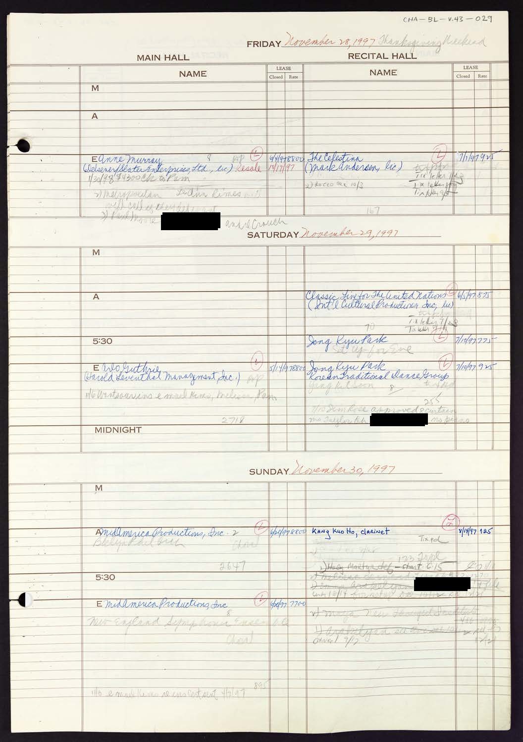 Carnegie Hall Booking Ledger, volume 43, page 29