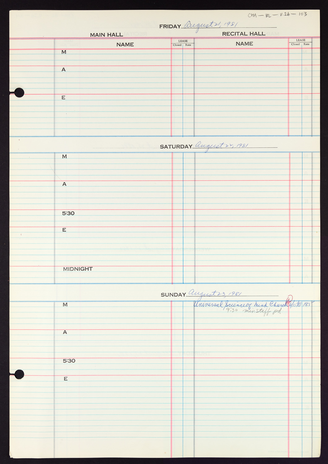 Carnegie Hall Booking Ledger, volume 26, page 103