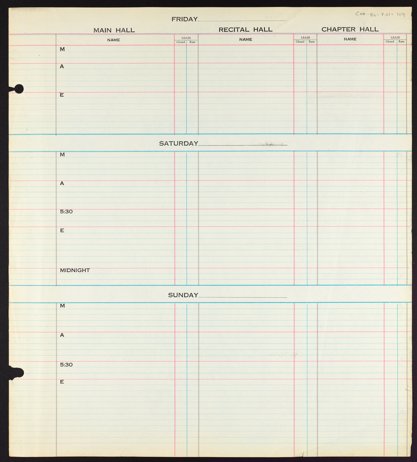 Carnegie Hall Booking Ledger, volume 1, page 109