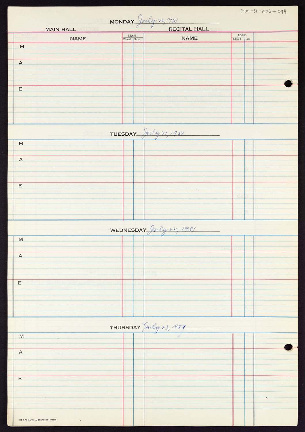 Carnegie Hall Booking Ledger, volume 26, page 94