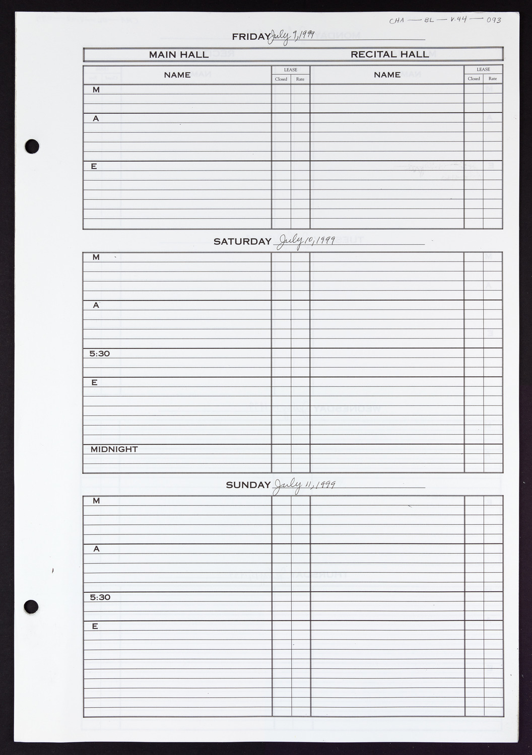 Carnegie Hall Booking Ledger, volume 44, page 93