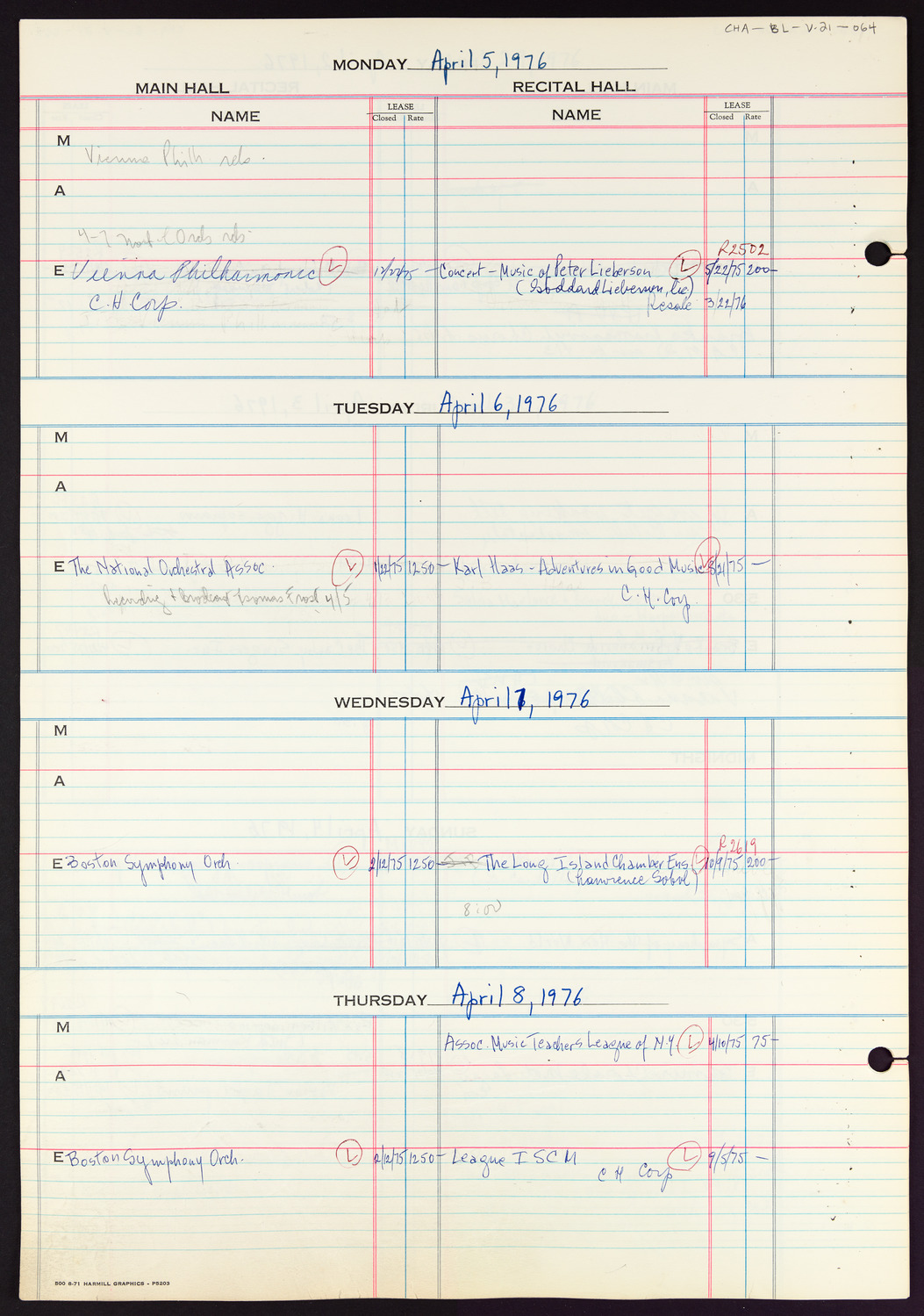 Carnegie Hall Booking Ledger, volume 21, page 64