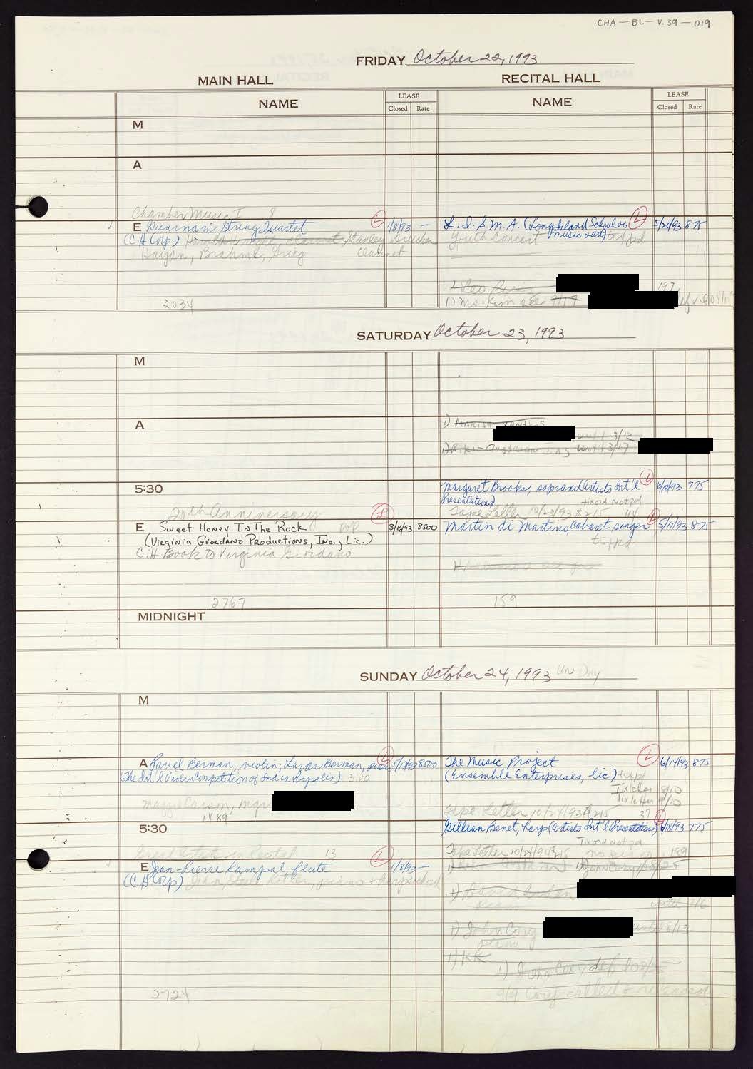 Carnegie Hall Booking Ledger, volume 39, page 19