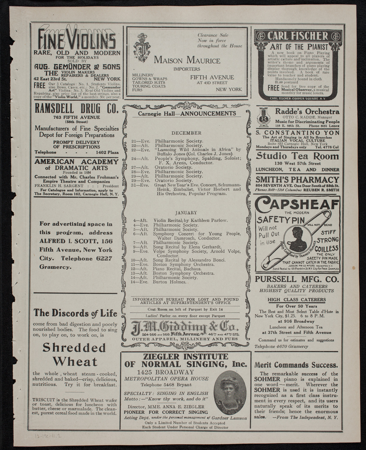 Musical Art Society of New York, December 19, 1911, program page 3