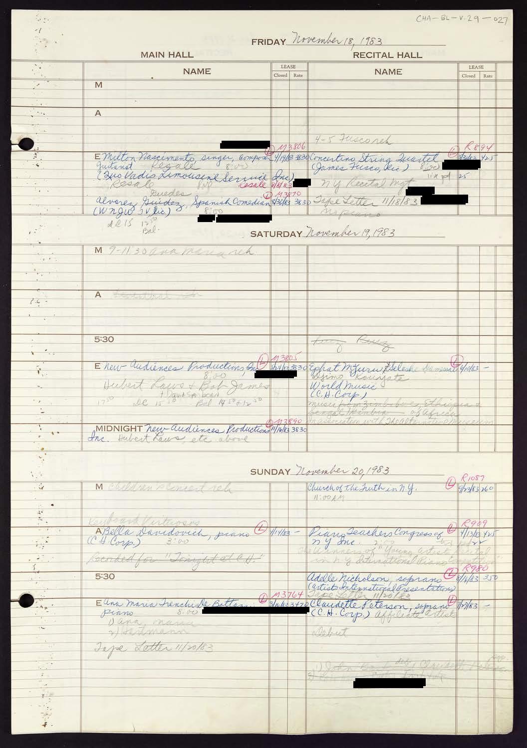 Carnegie Hall Booking Ledger, volume 29, page 27