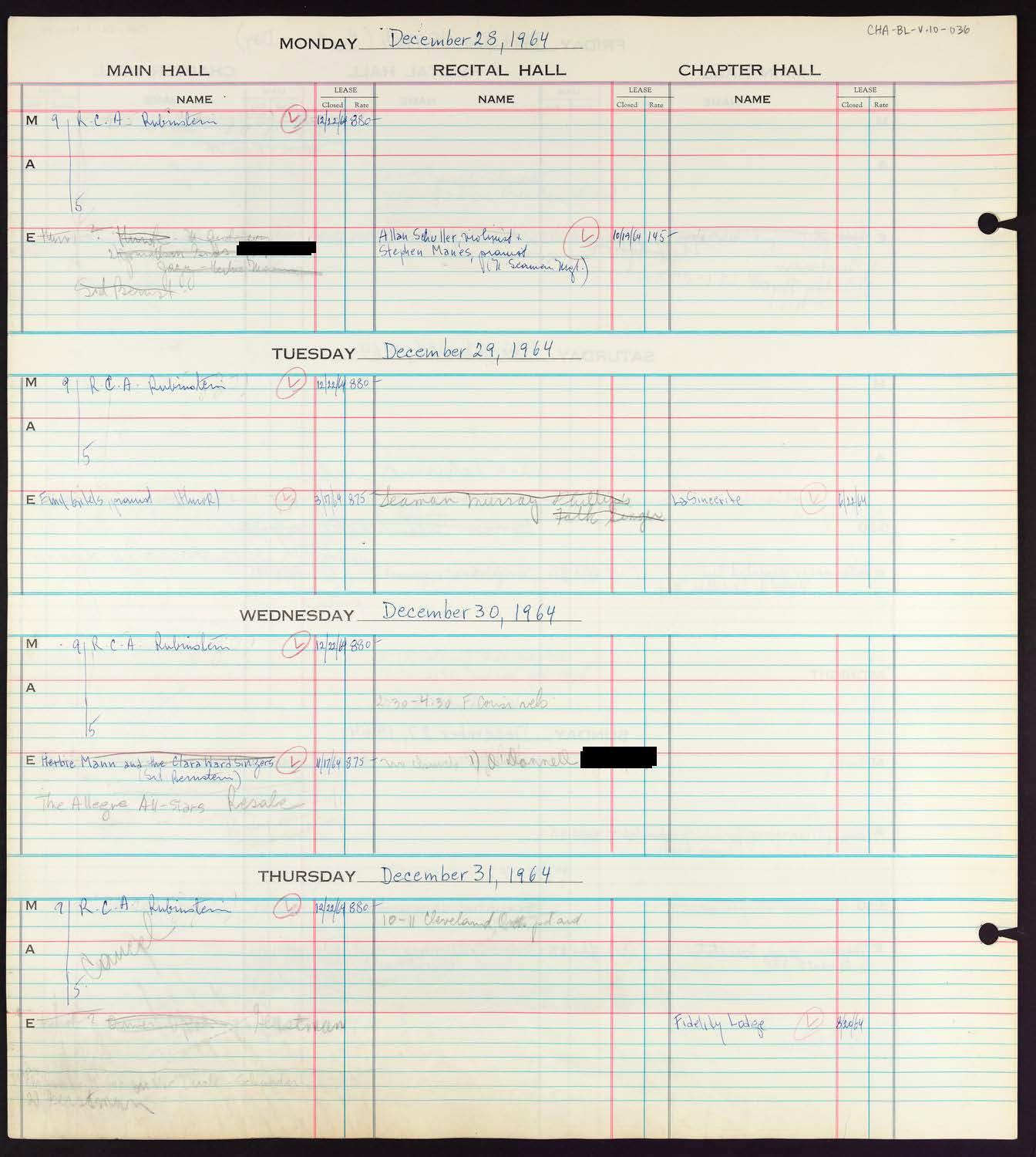 Carnegie Hall Booking Ledger, volume 10, page 36