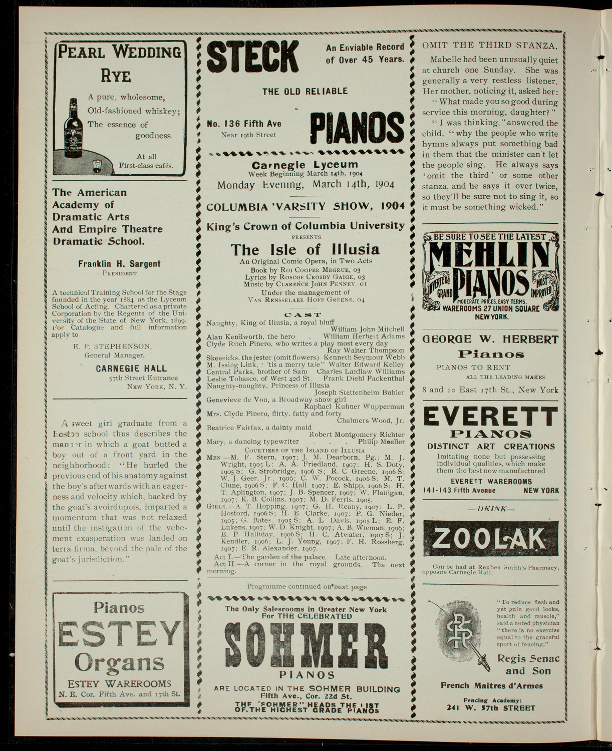 Columbia Varsity Show 1904, March 14, 1904, program page 2