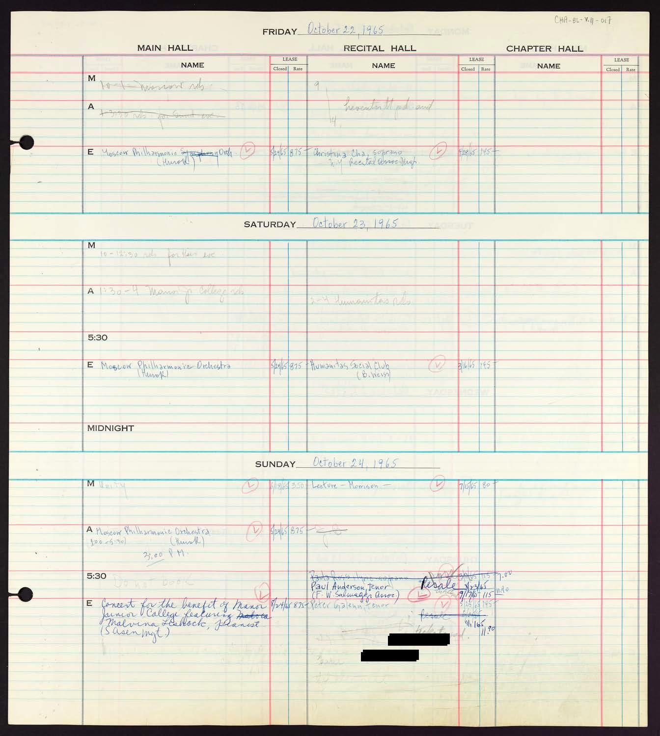 Carnegie Hall Booking Ledger, volume 11, page 17