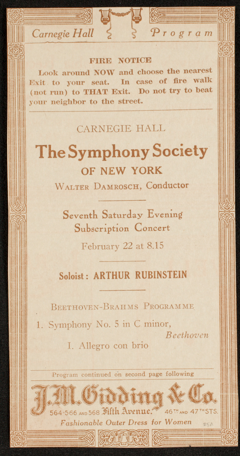 New York Symphony Orchestra, February 22, 1919, program page 1