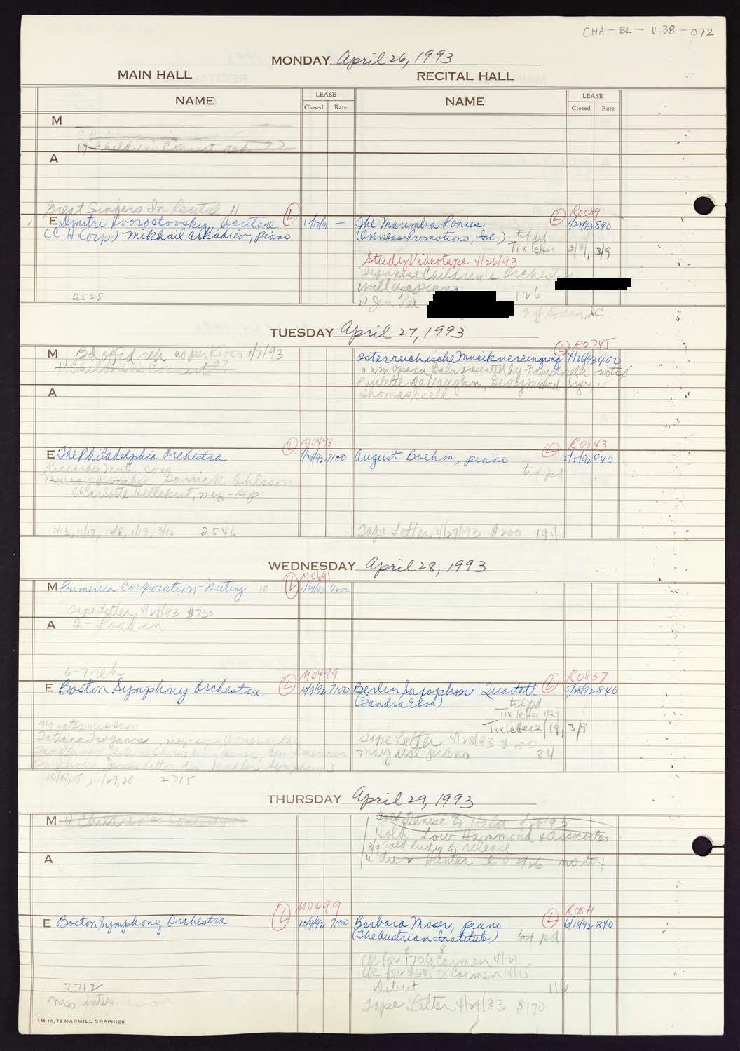 Carnegie Hall Booking Ledger, volume 38, page 72