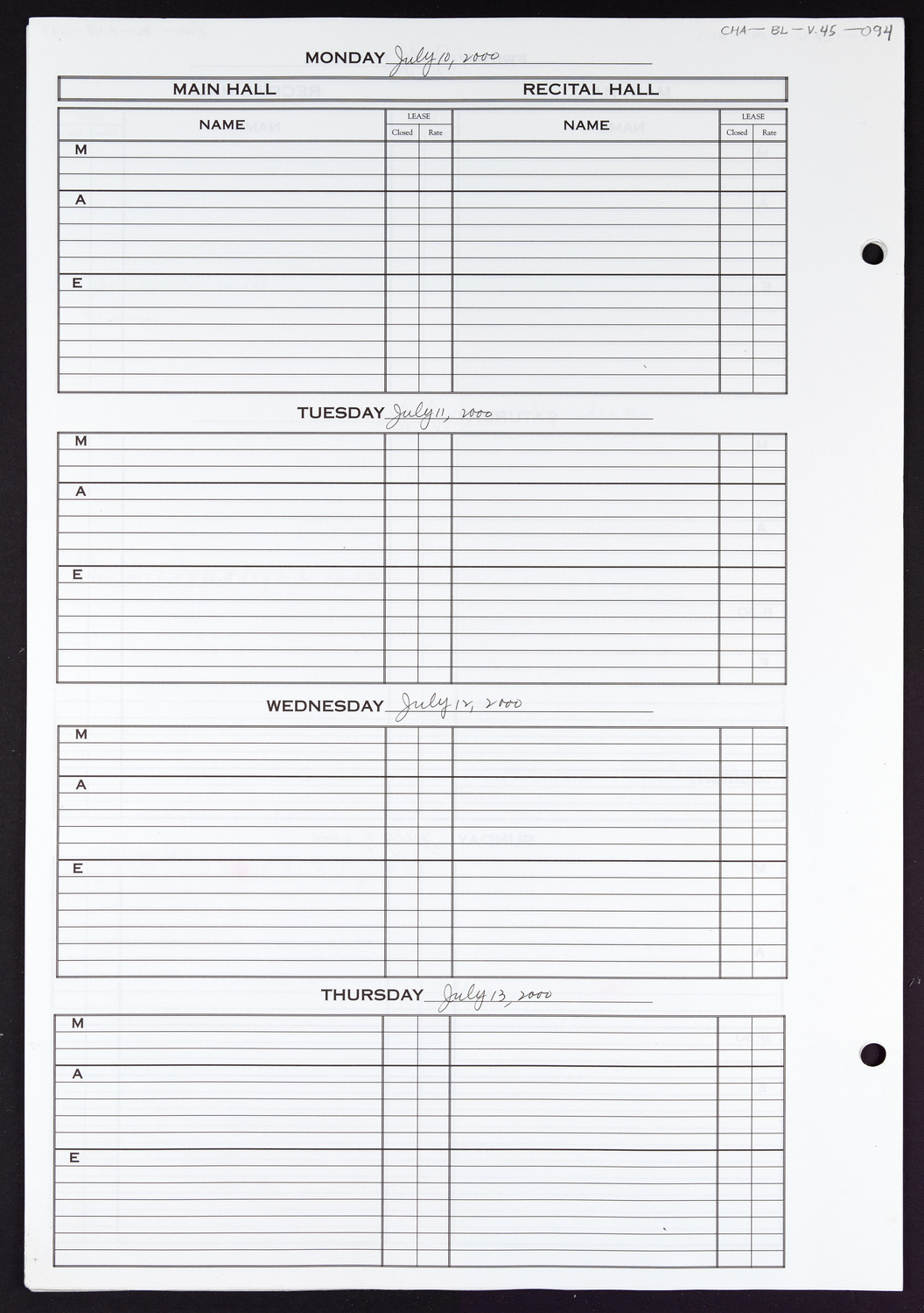 Carnegie Hall Booking Ledger, volume 45, page 94