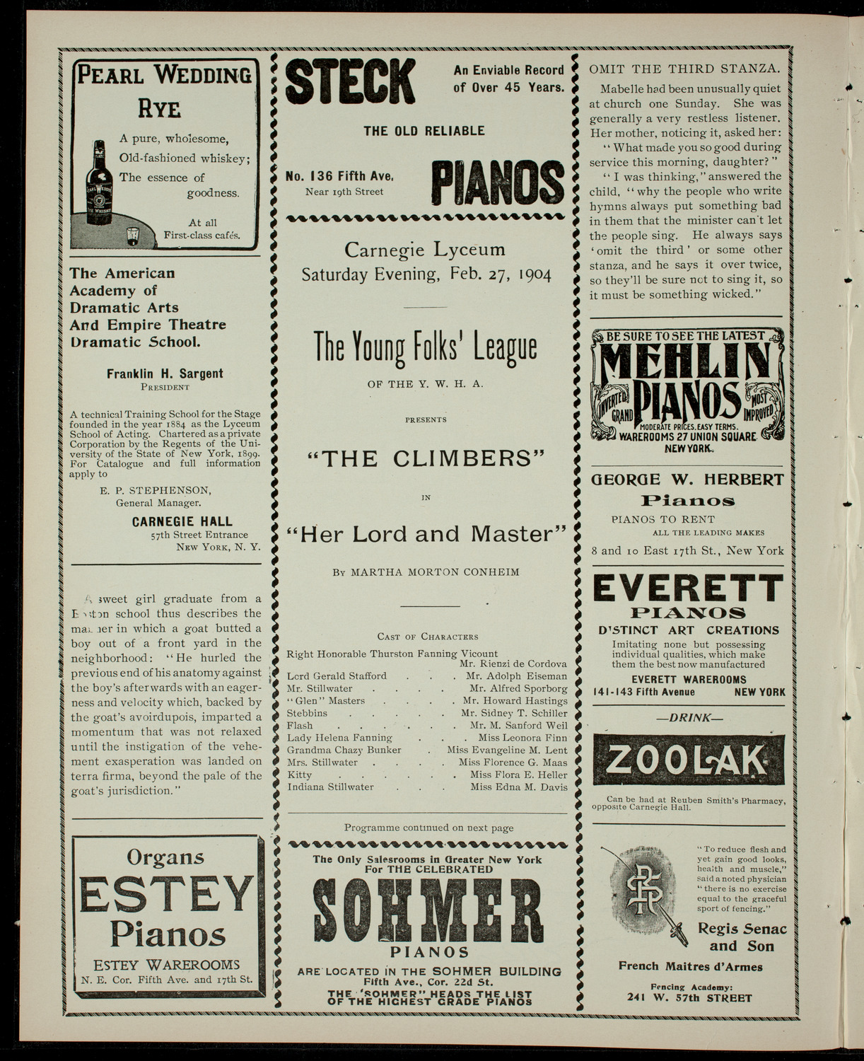 Young Folks' League of the Y.W.H.A. presents "The Climbers", February 27, 1904, program page 2