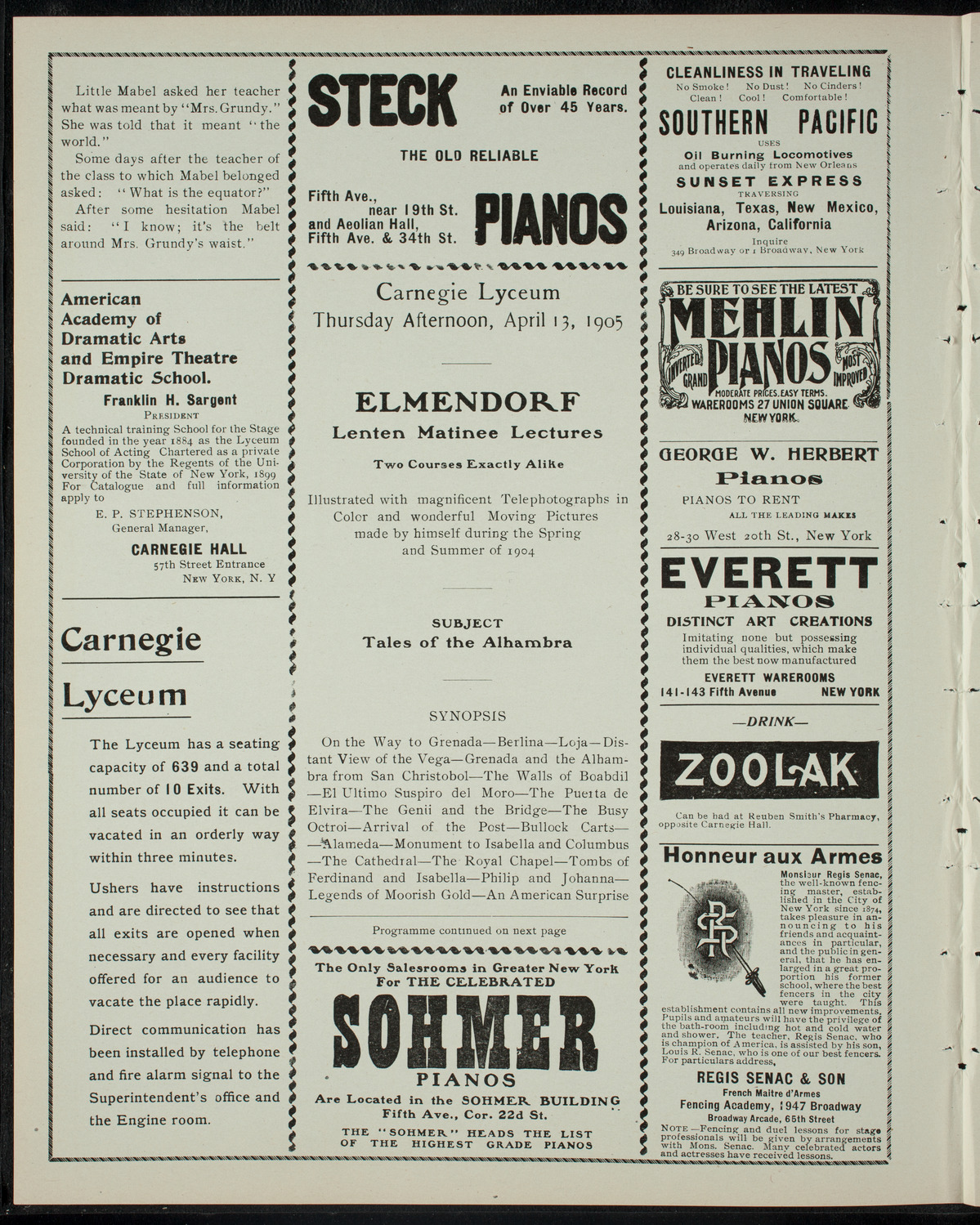 Elmendorf Lecture: Tales of the Alhambra, April 13, 1905, program page 2