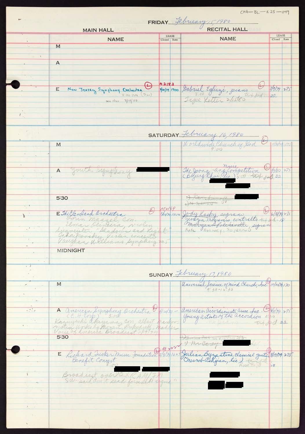 Carnegie Hall Booking Ledger, volume 25, page 49