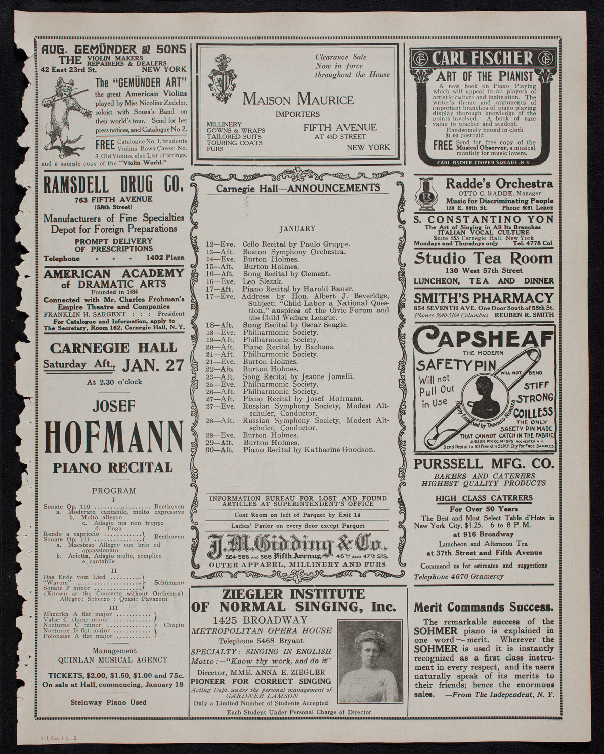 Wilhelm Backhaus, Piano, January 12, 1912, program page 3