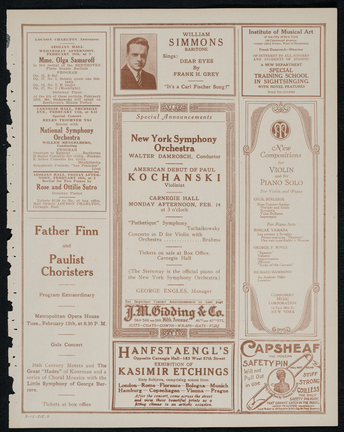 New York Philharmonic, February 10, 1921, program page 9