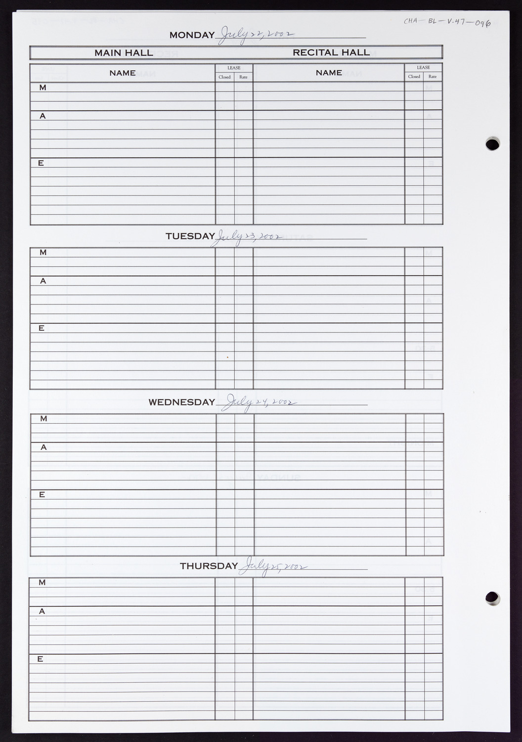 Carnegie Hall Booking Ledger, volume 47, page 96