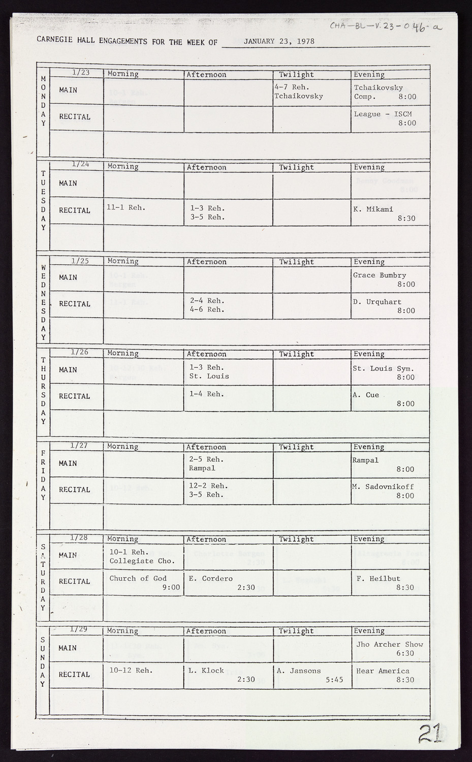 Carnegie Hall Booking Ledger, volume 23, page 46a