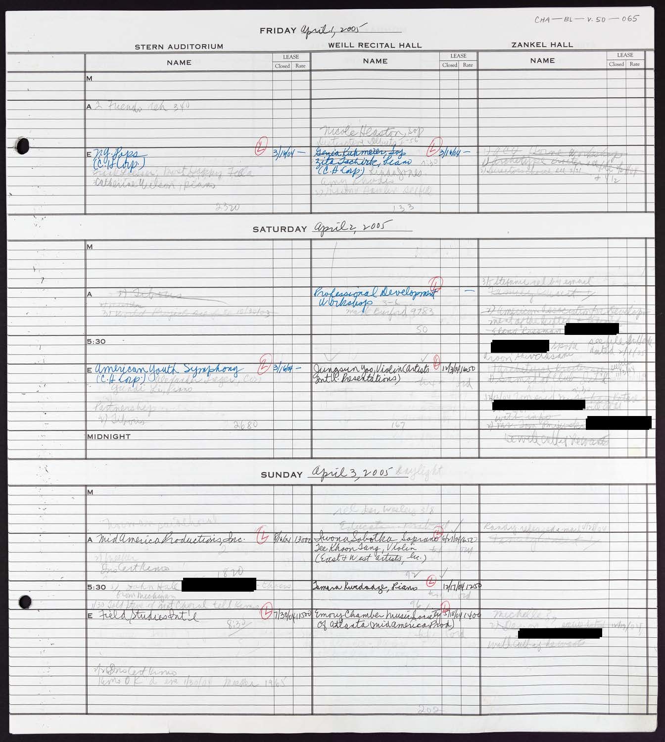 Carnegie Hall Booking Ledger, volume 50, page 65