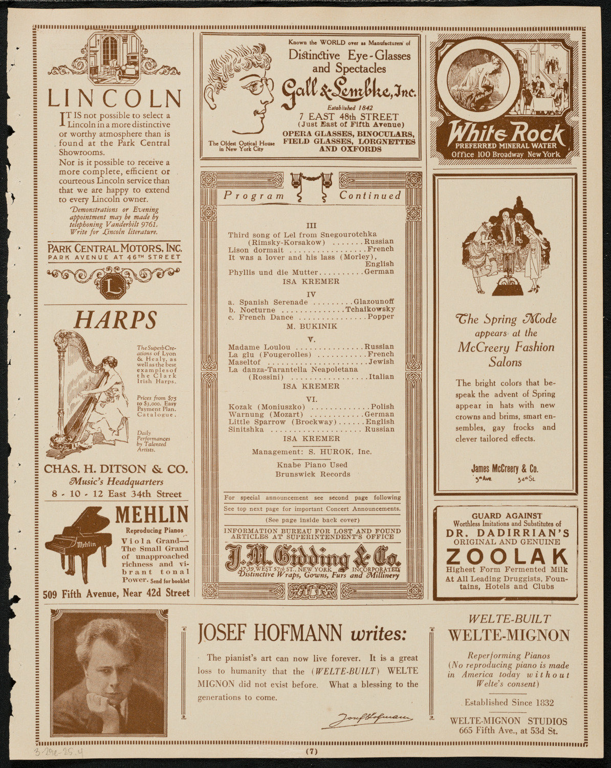 Isa Kremer, Soprano, March 29, 1925, program page 7