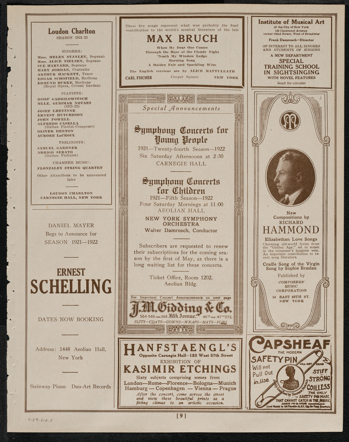 National Symphony Orchestra, April 29, 1921, program page 9