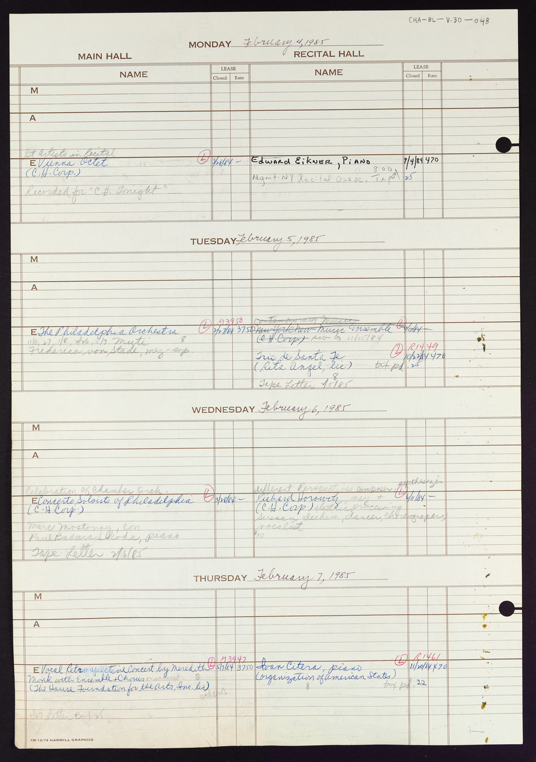 Carnegie Hall Booking Ledger, volume 30, page 48