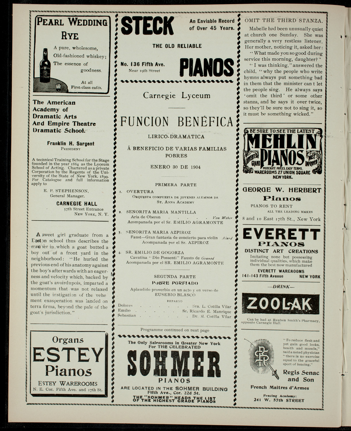 Funcion Benéfica Lirico-Dramatica á Beneficio de Varias Familias Pobres, January 30, 1904, program page 2