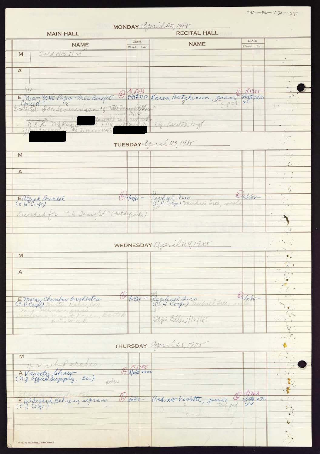 Carnegie Hall Booking Ledger, volume 30, page 70