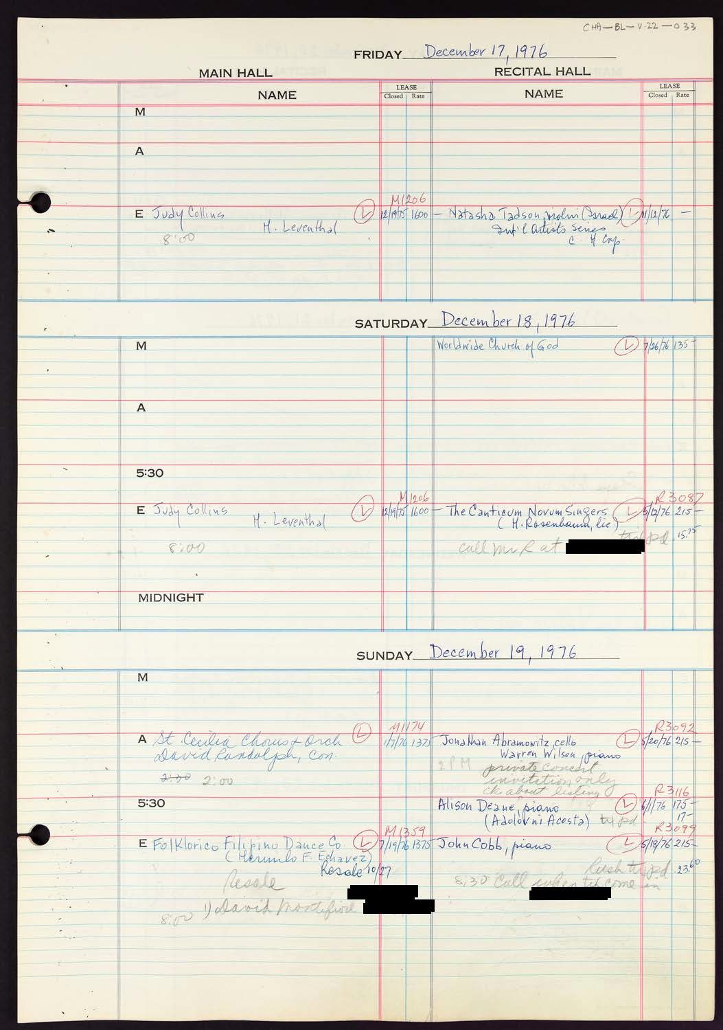 Carnegie Hall Booking Ledger, volume 22, page 33