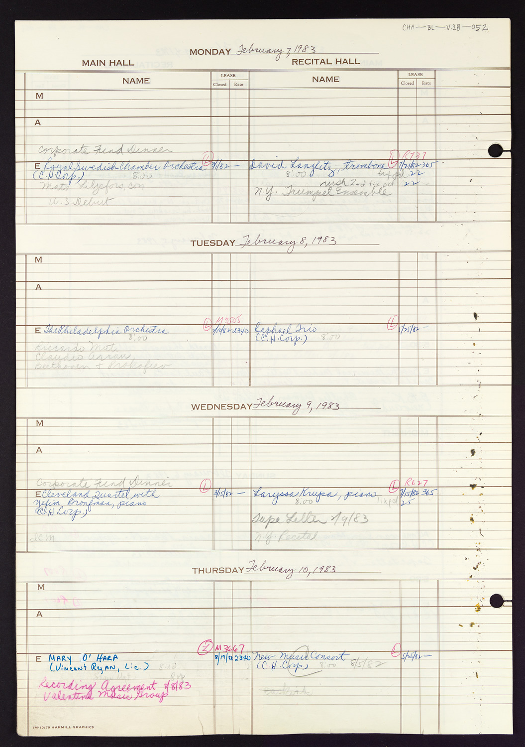 Carnegie Hall Booking Ledger, volume 28, page 52