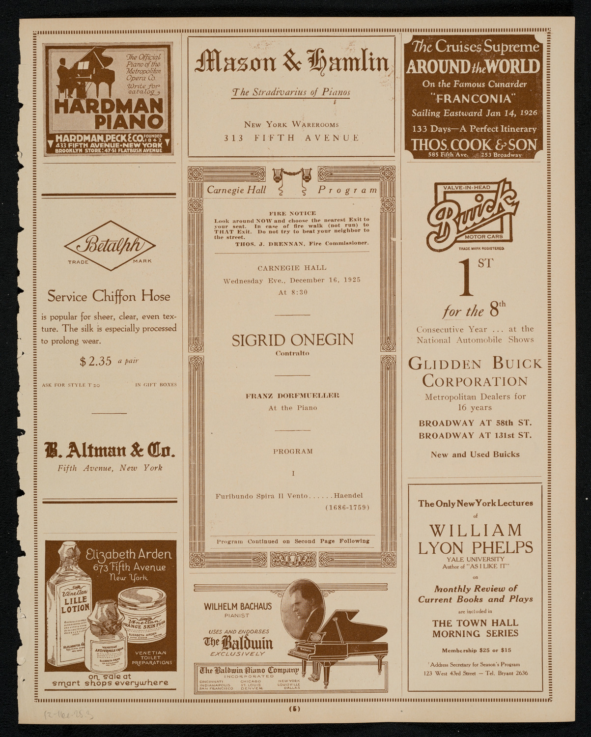 Sigrid Onégin, Contralto, December 16, 1925, program page 5