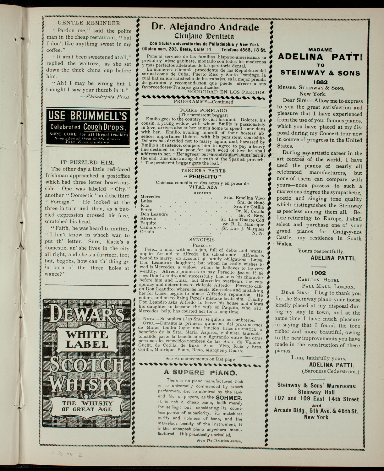 Funcion Benéfica Lirico-Dramatica á Beneficio de Varias Familias Pobres, January 30, 1904, program page 3