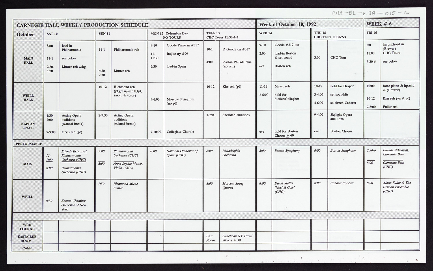 Carnegie Hall Booking Ledger, volume 38, page 15a