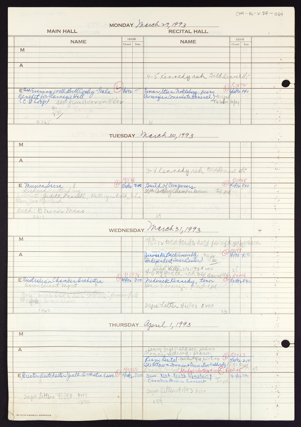 Carnegie Hall Booking Ledger, volume 38, page 64