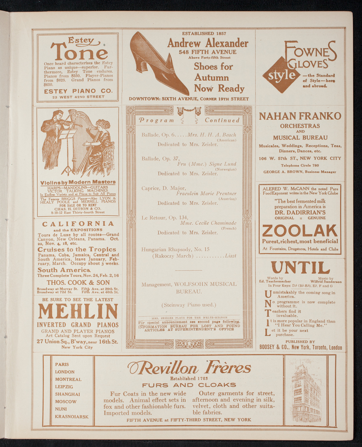 Fannie Bloomfield Zeisler, Piano, November 16, 1915, program page 7