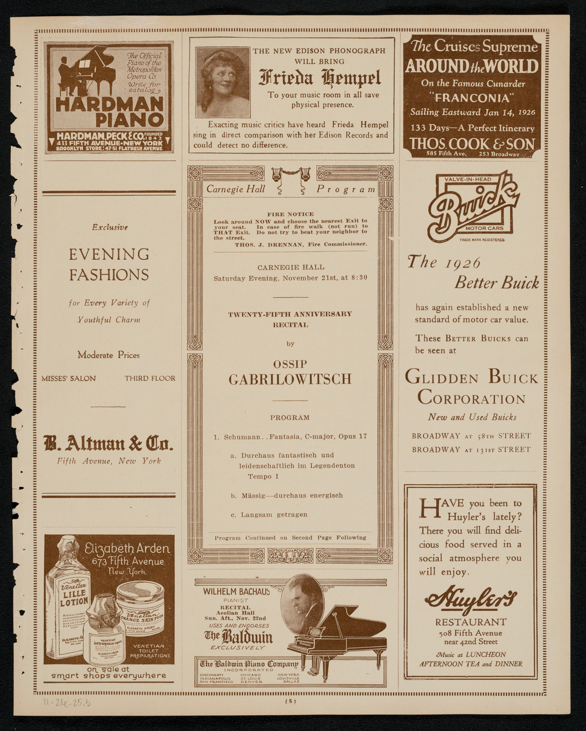 Ossip Gabrilowitsch, Piano, November 21, 1925, program page 5