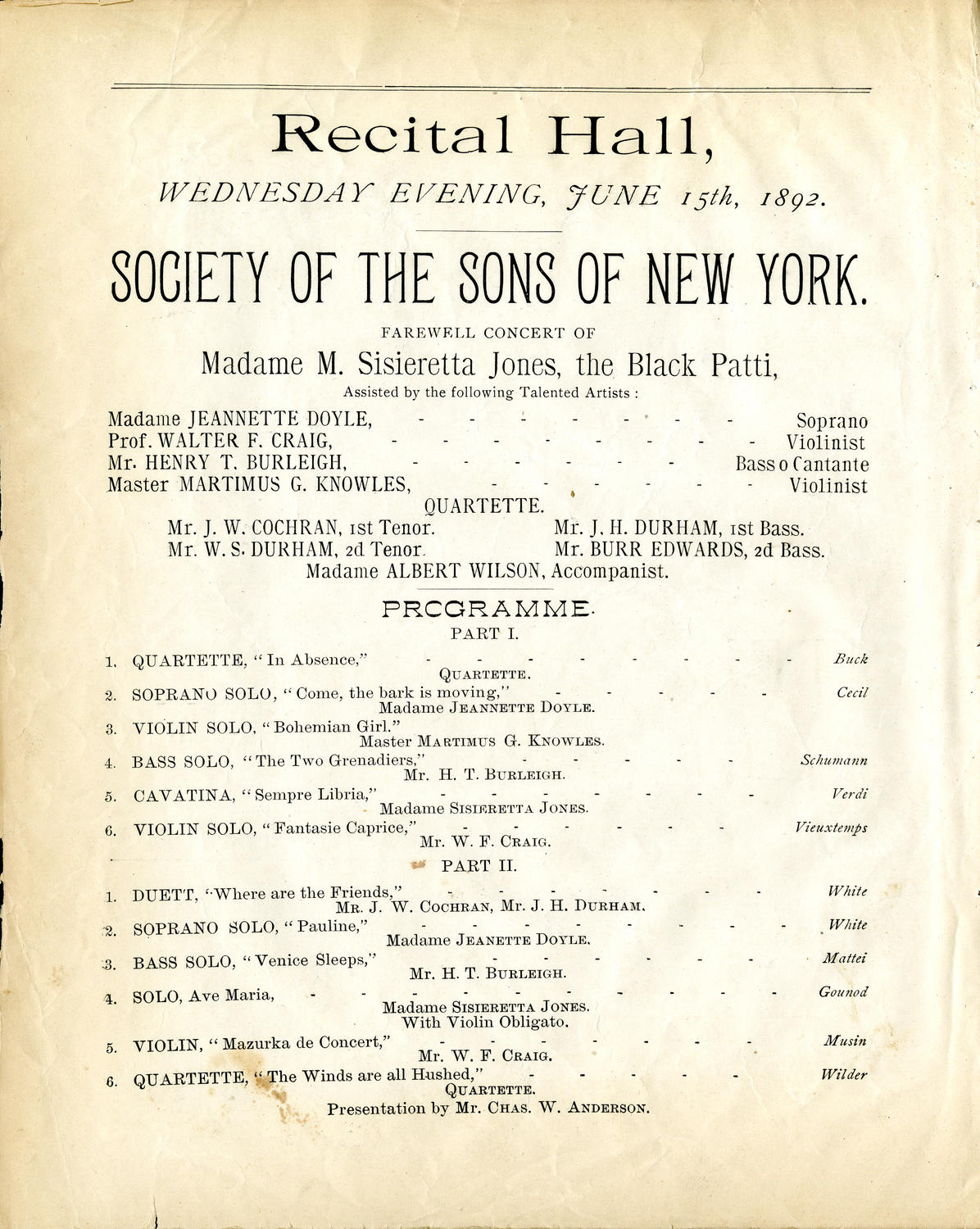 Society of the Sons of New York: Farewell Concert of Sisieretta Jones, the Black Patti, June 15, 1892, program page 1