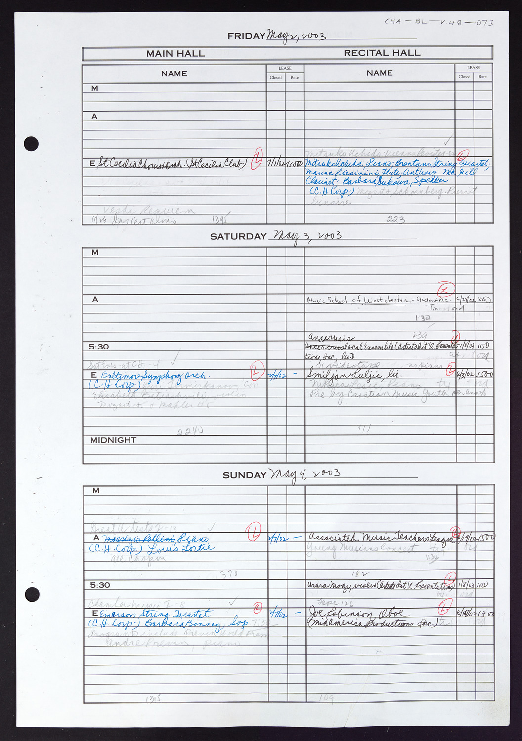 Carnegie Hall Booking Ledger, volume 48, page 73