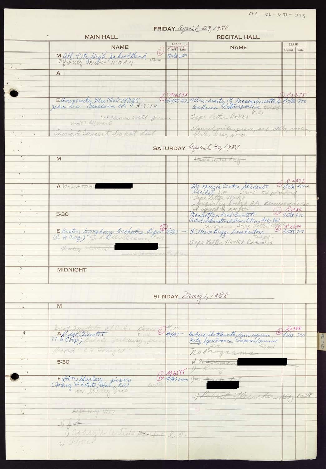 Carnegie Hall Booking Ledger, volume 33, page 73