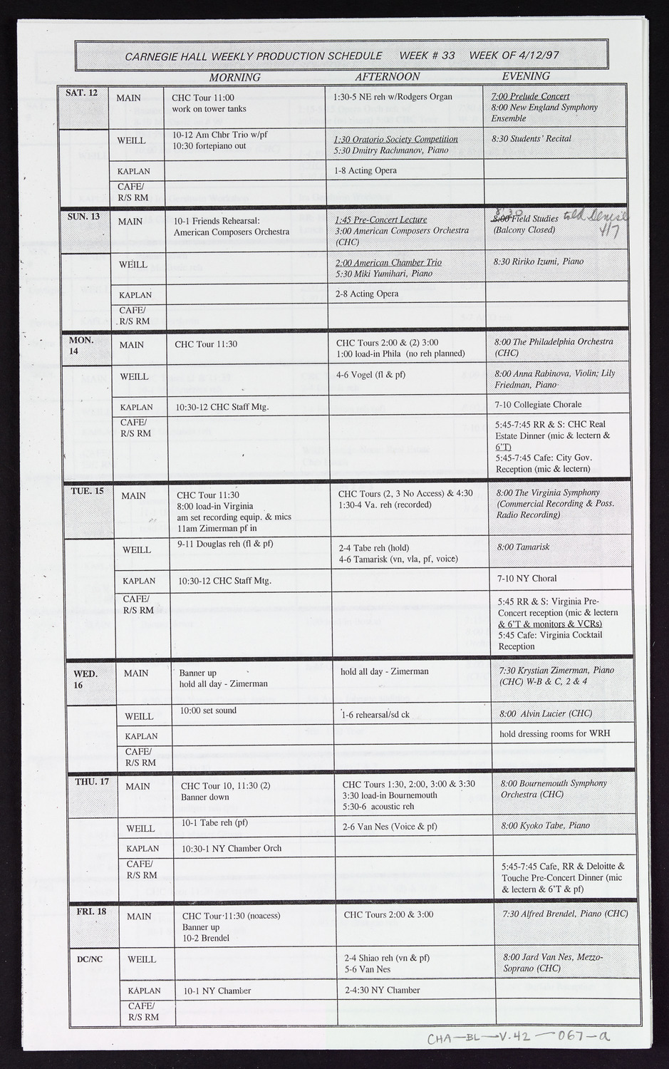 Carnegie Hall Booking Ledger, volume 42, page 67a