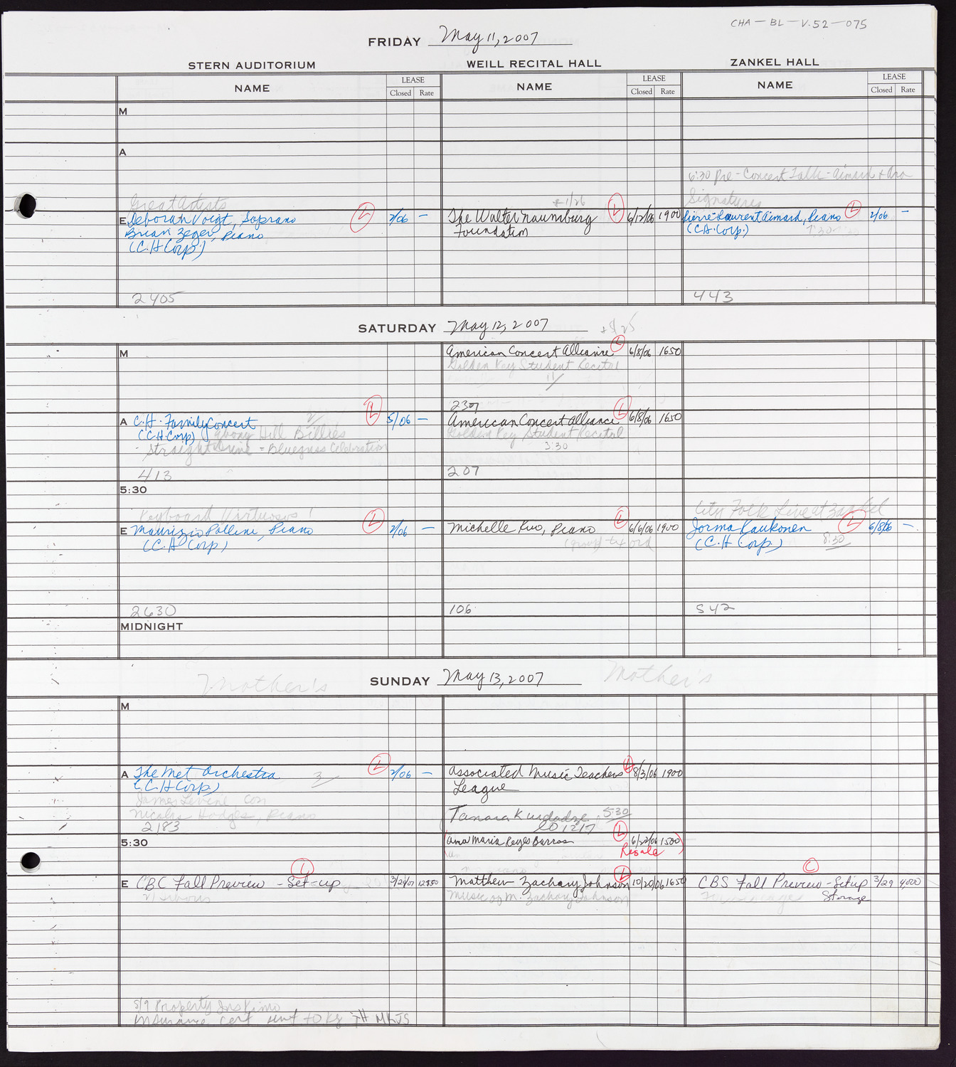 Carnegie Hall Booking Ledger, volume 52, page 75